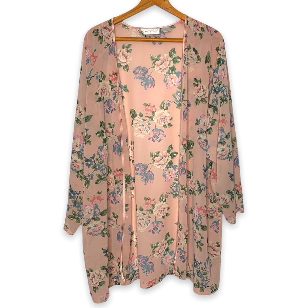 VINTAGE CACIQUE women's pastel floral print sheer open front kimono wrap SZ L